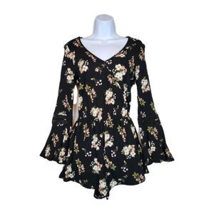 Hollister Bell-Sleeve Wrap Romper Womens Size Small Black Floral Cottage Fairy
